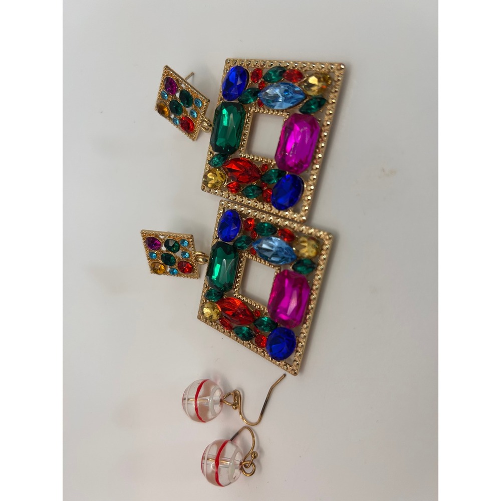 Earring Set Women OS Multicolor Good Gemstone Square & Striped Orb - Picture 7 of 12